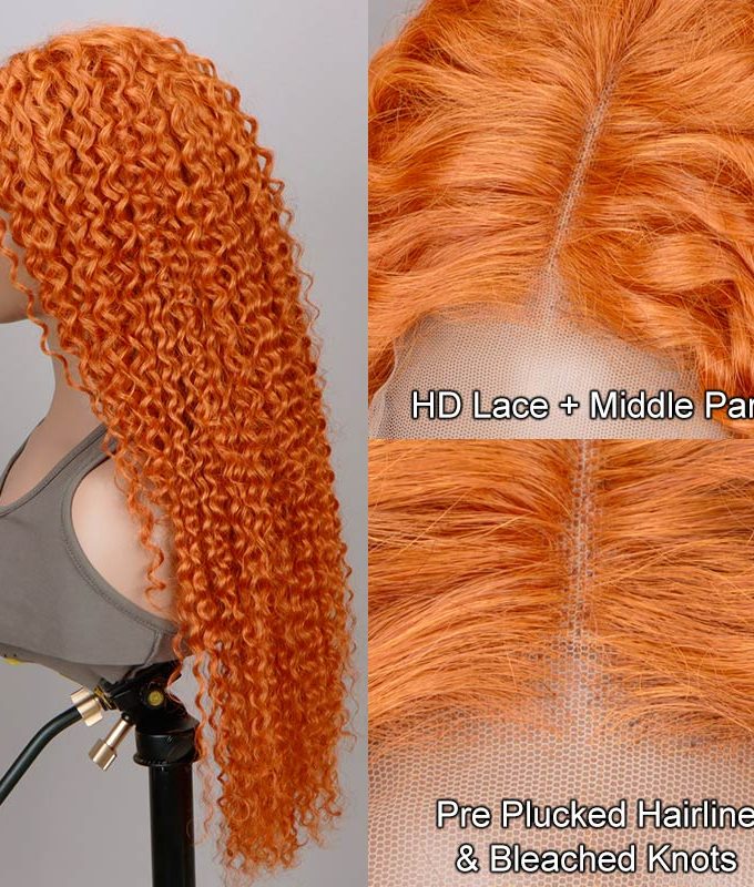 #350 Ginger Orange Jerry Curly Human Hair 13x4 HD Lace Full Frontal Wig With Perfect Bleached Knots