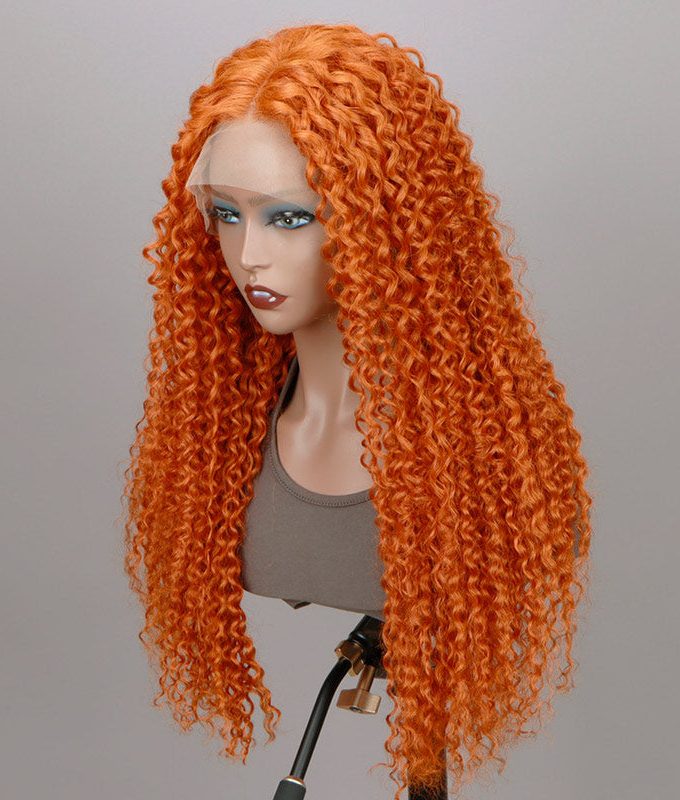 #350 Ginger Orange Jerry Curly Human Hair 13x4 HD Lace Full Frontal Wig With Perfect Bleached Knots