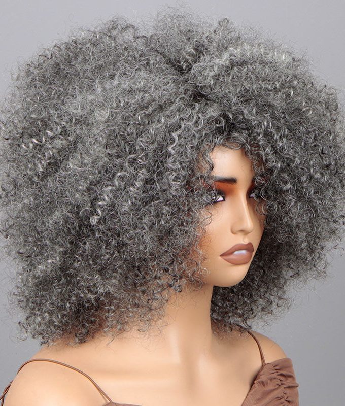 Silver Grey Wig For Seniors Beginner Friendly Salt and Pepper Color Afro Kinky Curly Human Hair Wear and Go Wig