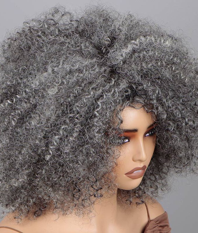 Silver Grey Wig For Seniors Beginner Friendly Salt and Pepper Color Afro Kinky Curly Human Hair Wear and Go Wig