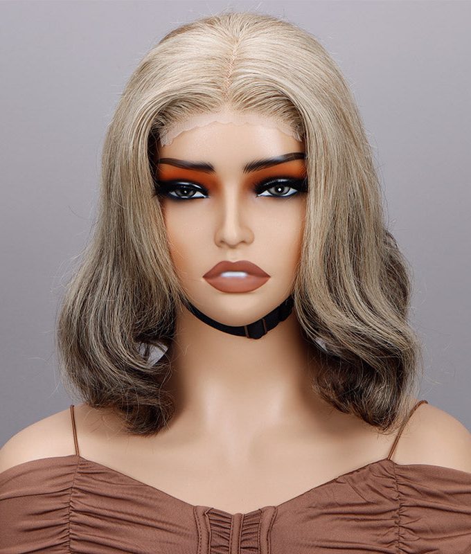 Seniors Wavy Bob Wig Light Golden Blonde Mix Brown Color Human Hair 4x4 Lace Closure Wig For Older Women