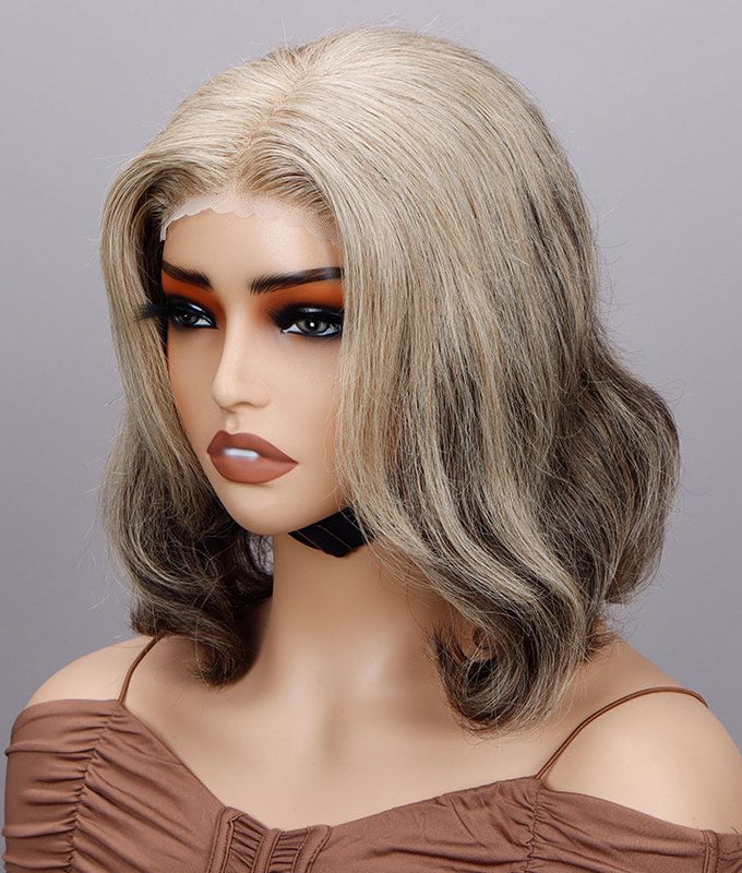 Seniors Wavy Bob Wig Light Golden Blonde Mix Brown Color Human Hair 4x4 Lace Closure Wig For Older Women