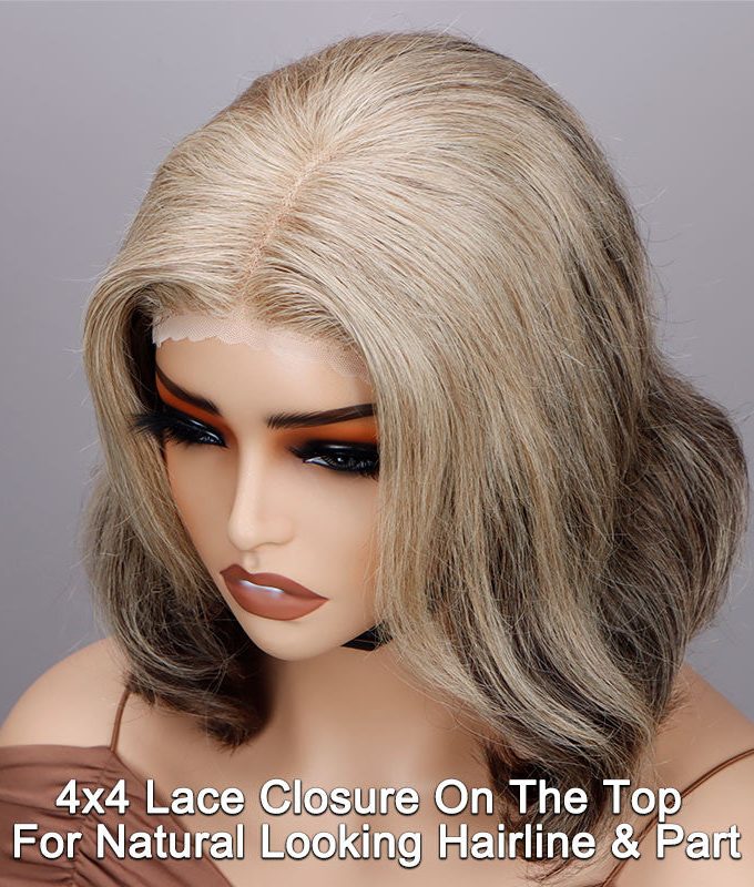 Seniors Wavy Bob Wig Light Golden Blonde Mix Brown Color Human Hair 4x4 Lace Closure Wig For Older Women