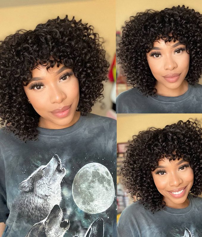 Boom Curly Bob Wig With Bangs Quick Wear And Go Glueless Human Hair Wigs 180% Density