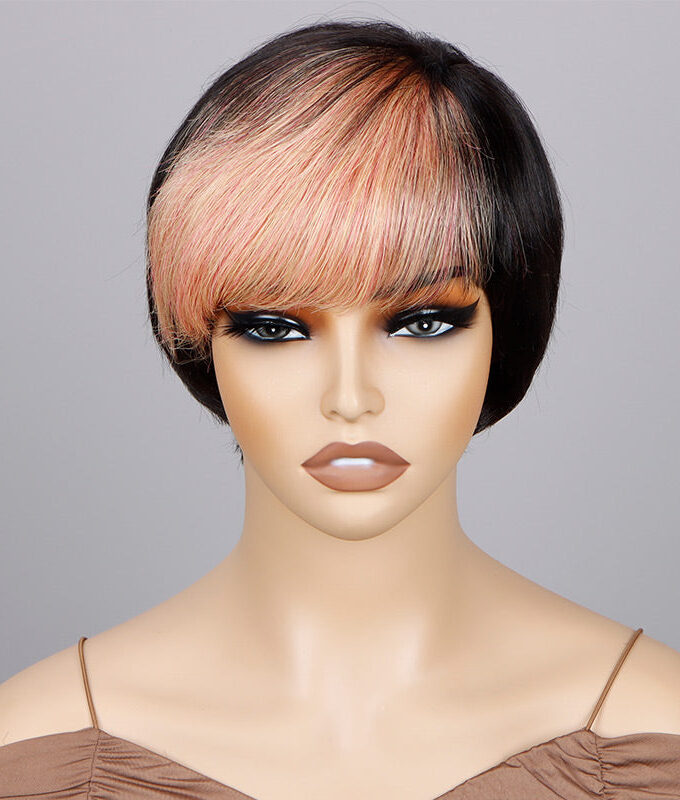 Custom Light Orange Pink Wig Short Straight Pixie Haircut With Bangs Human Hair Wear And Go Glueless Wig