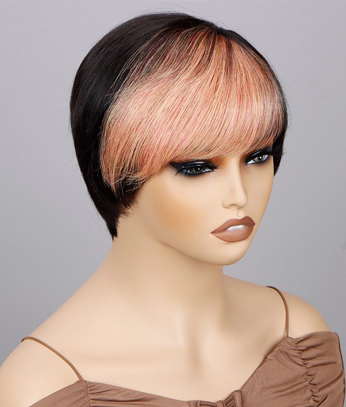 Custom Light Orange Pink Wig Short Straight Pixie Haircut With Bangs Human Hair Wear And Go Glueless Wig