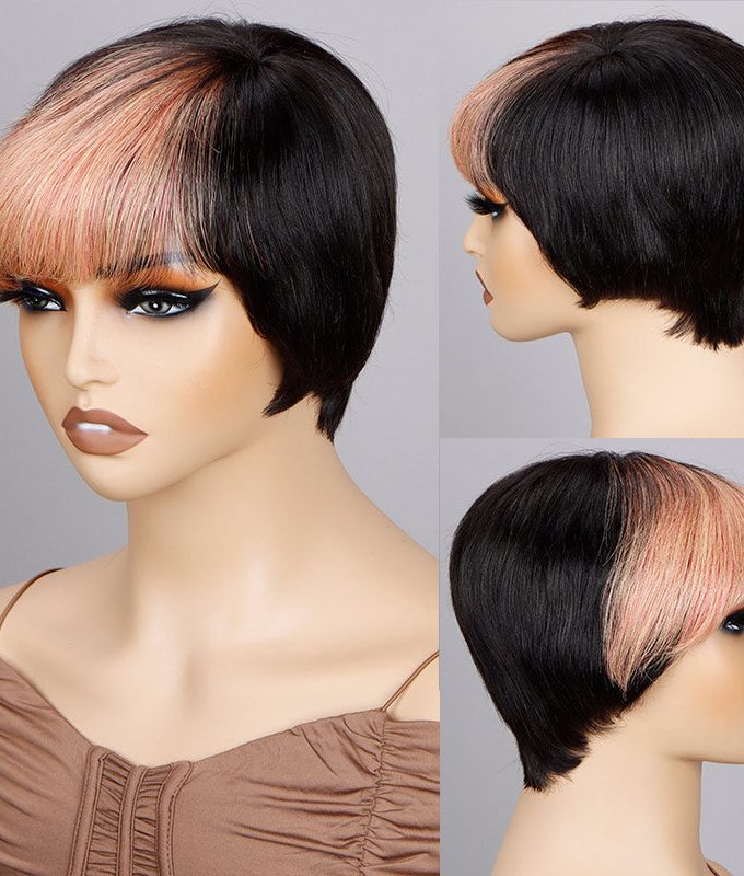 Custom Light Orange Pink Wig Short Straight Pixie Haircut With Bangs Human Hair Wear And Go Glueless Wig
