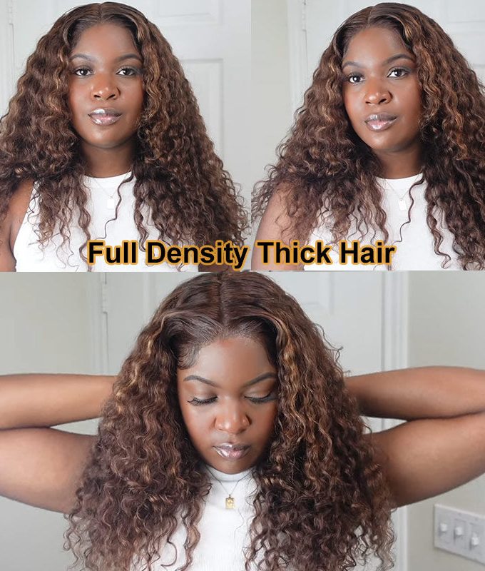 Long Curly Human Hair Wigs Blonde Balayage Highlight HD Lace Wigs 180% Density