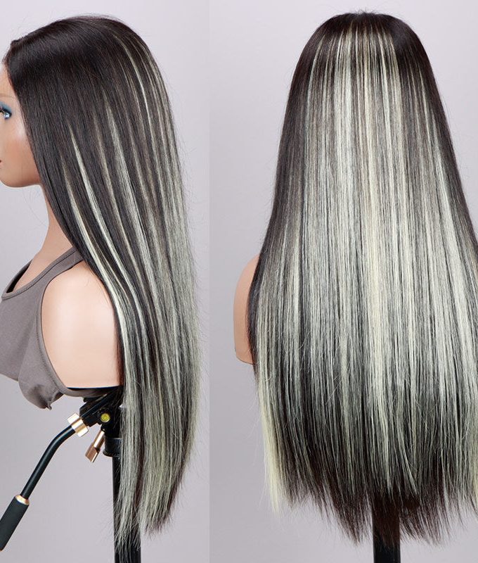 Ashy Blonde Peekaboo Highlight Wig Long Glueless Straight Human Hair Wigs 6x4 Pre Cut HD Lace Wig