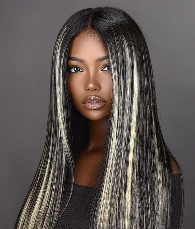 Ashy Blonde Peekaboo Highlight Wig Long Glueless Straight Human Hair Wigs 6x4 Pre Cut HD Lace Wig