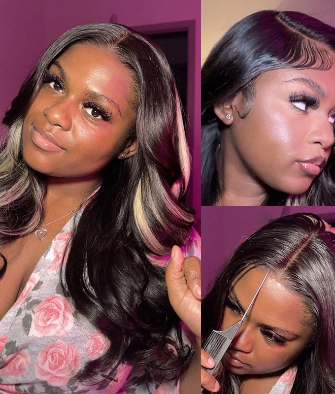 Ashy Blonde Peekaboo Highlight Wig Long Glueless Straight Human Hair Wigs 6x4 Pre Cut HD Lace Wig