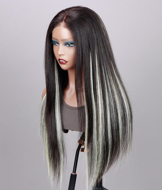 Ashy Blonde Peekaboo Highlight Wig Long Glueless Straight Human Hair Wigs 6x4 Pre Cut HD Lace Wig