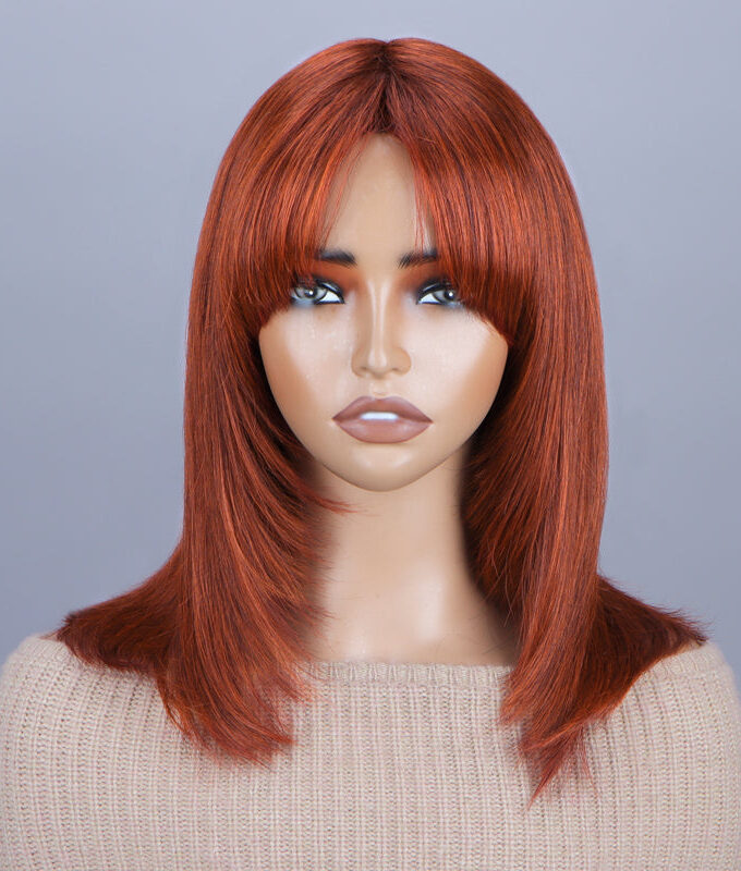 Trendy Reddish Brown Human Hair Wig Straight Layered Glueless Wig With Bangs