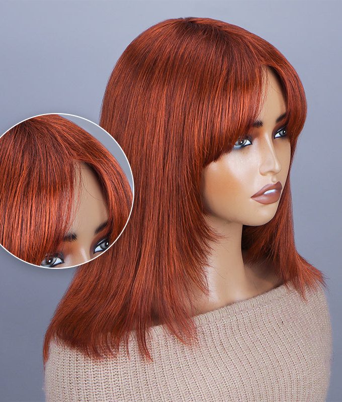 Trendy Reddish Brown Human Hair Wig Straight Layered Glueless Wig With Bangs