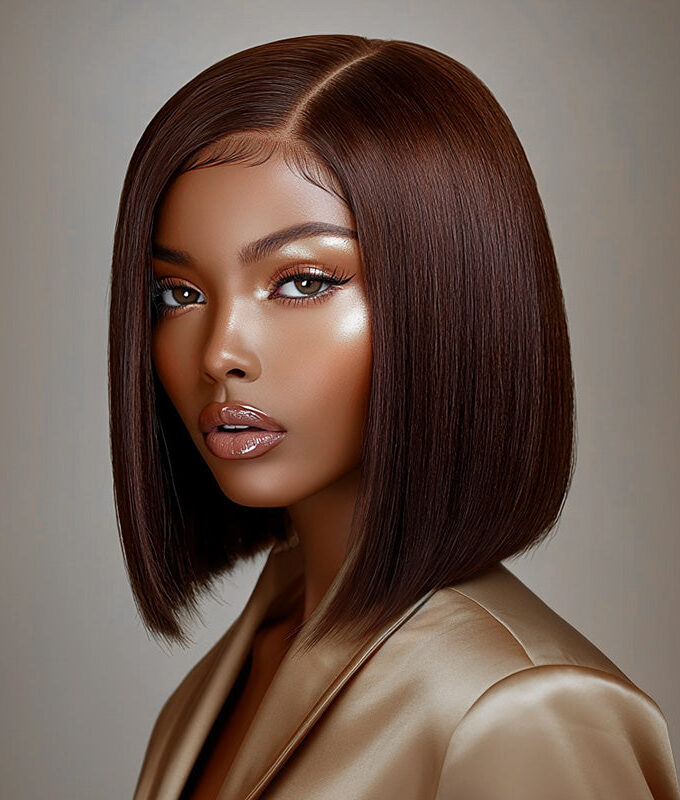 Chocolate Brown Side C-Part Straight Bob 5x5 HD Lace Closure Glueless Wigs 100% Real Human Hair