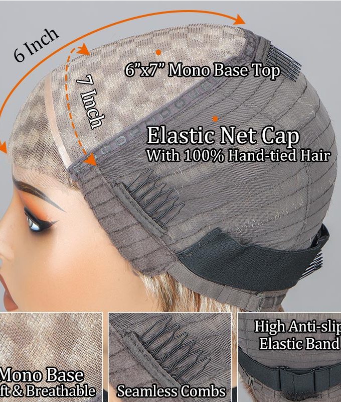 Go To Style Pixie Cut Wig | Brown Mixed Blonde Highlights Short Layered Straight Human Hair 7x6 HD Lace Wig With Bangs