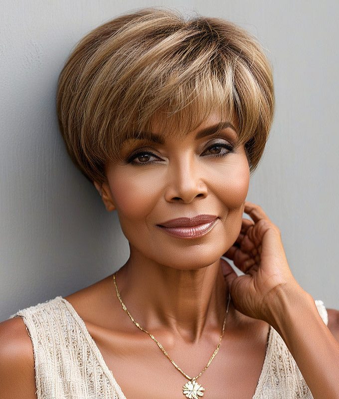 Go To Style Pixie Cut Wig | Brown Mixed Blonde Highlights Short Layered Straight Human Hair 7x6 HD Lace Wig With Bangs