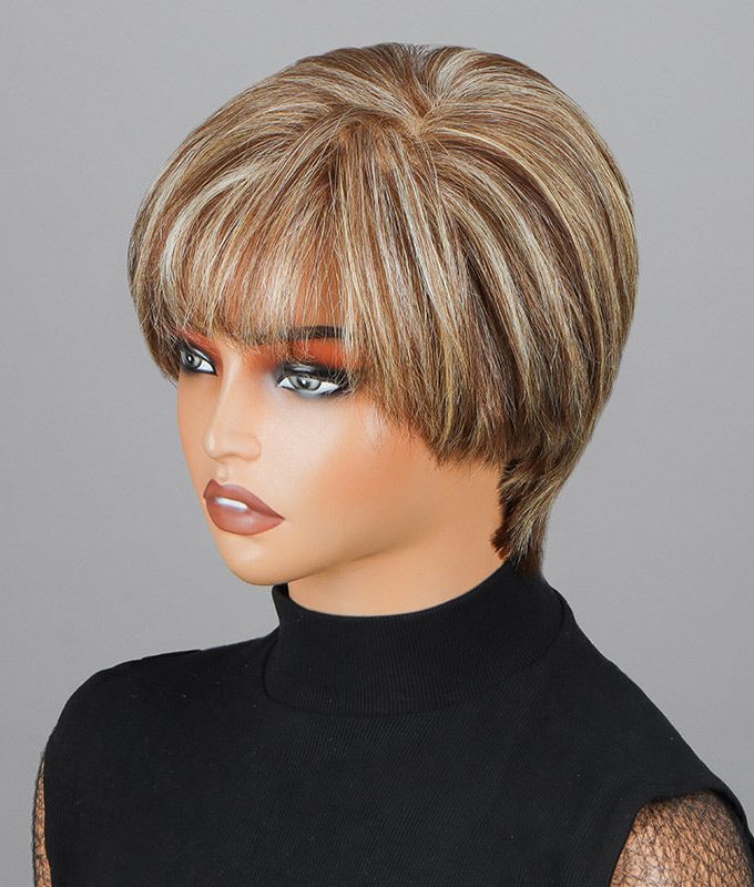 Go To Style Pixie Cut Wig | Brown Mixed Blonde Highlights Short Layered Straight Human Hair 7x6 HD Lace Wig With Bangs