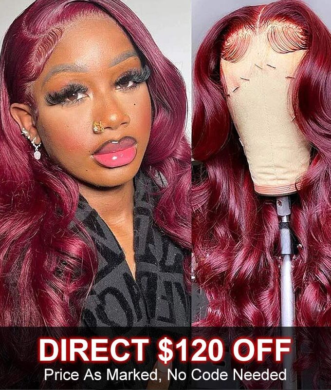 Flash Sale $120 Off Burgundy Hair Body Wave Lace Wig Real Human Hair Pre Plucked Hairline