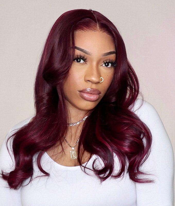 Dark Burgundy Highlights Long Loose Body Wave Human Hair 6x4 Pre Cut HD Lace Glueless Wigs