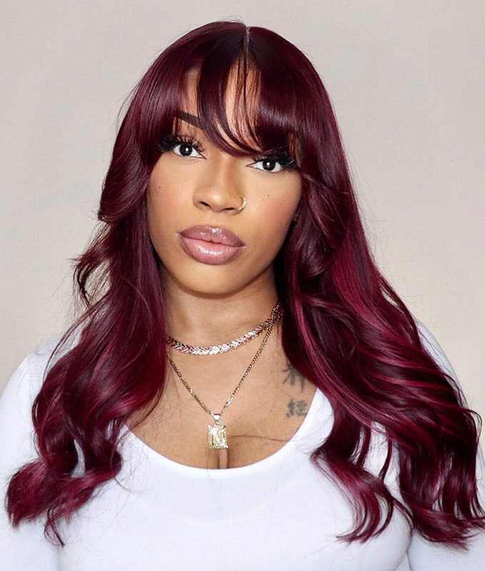 Dark Burgundy Highlights Long Loose Body Wave Human Hair 6x4 Pre Cut HD Lace Glueless Wigs
