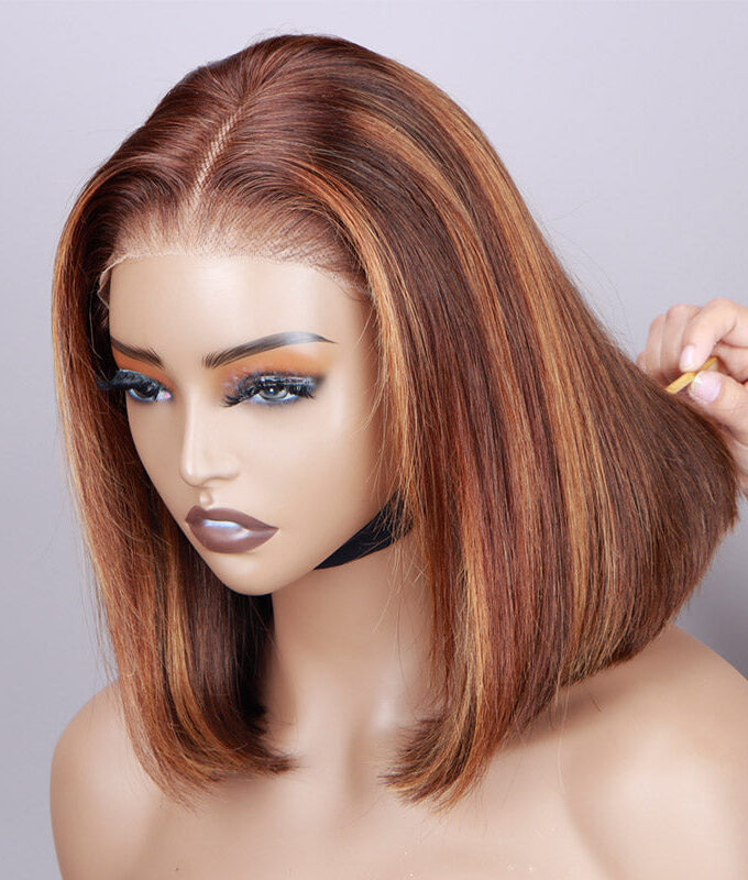 Caramel Brown Balayage Highlight Bob Wig Silky Straight Human Hair 6x4 Pre Cut Lace Glueless Wig