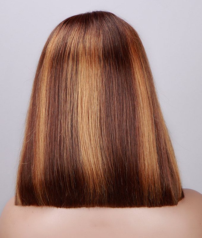 Caramel Brown Balayage Highlight Bob Wig Silky Straight Human Hair 6x4 Pre Cut Lace Glueless Wig