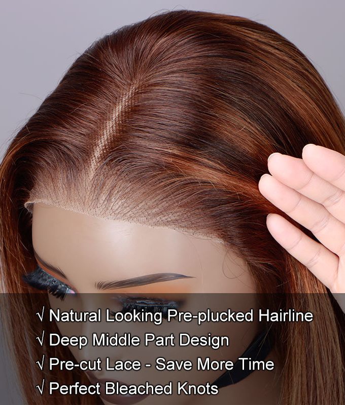 Caramel Brown Balayage Highlight Bob Wig Silky Straight Human Hair 6x4 Pre Cut Lace Glueless Wig