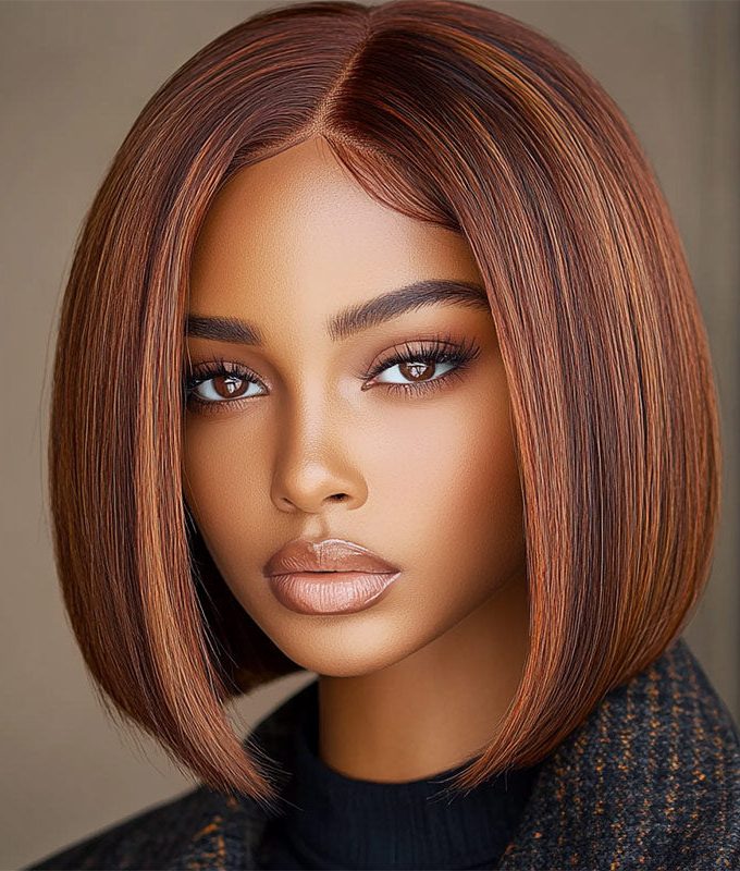 Caramel Brown Balayage Highlight Bob Wig Silky Straight Human Hair 6x4 Pre Cut Lace Glueless Wig