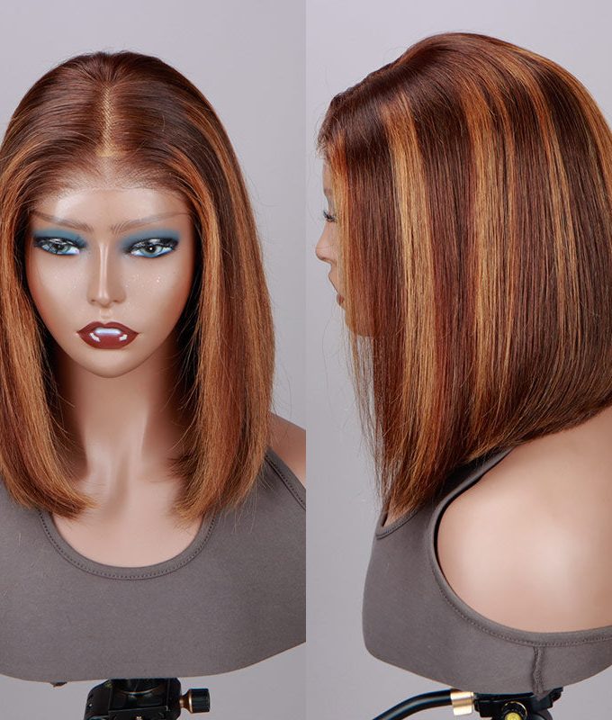 Caramel Brown Balayage Highlight Bob Wig Silky Straight Human Hair 6x4 Pre Cut Lace Glueless Wig