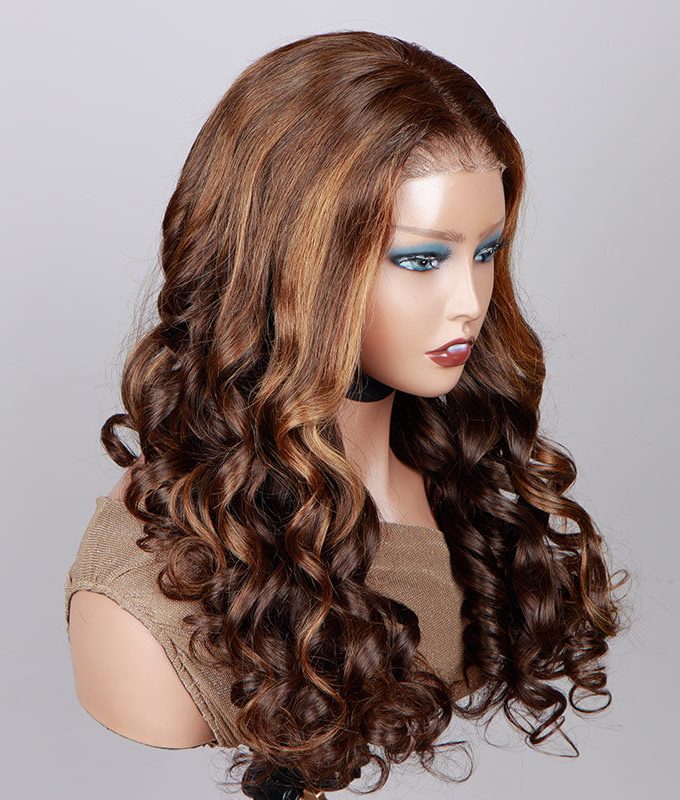 Caramel Brown Balayage Highlights On Brown Wig Loose Wave Human Hair 6x4 Pre Cut Lace Glueless Wig