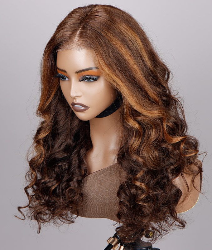 Caramel Brown Balayage Highlights On Brown Wig Loose Wave Human Hair 6x4 Pre Cut Lace Glueless Wig