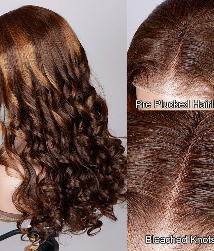 Caramel Brown Balayage Highlights On Brown Wig Loose Wave Human Hair 6x4 Pre Cut Lace Glueless Wig