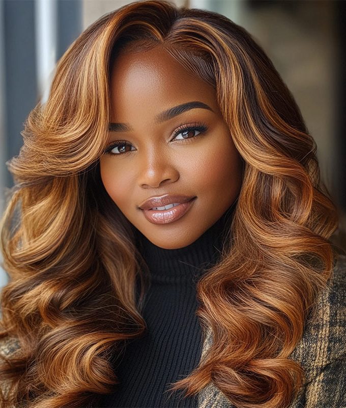 Caramel Brown Balayage Highlights On Brown Wig Loose Wave Human Hair 6x4 Pre Cut Lace Glueless Wig