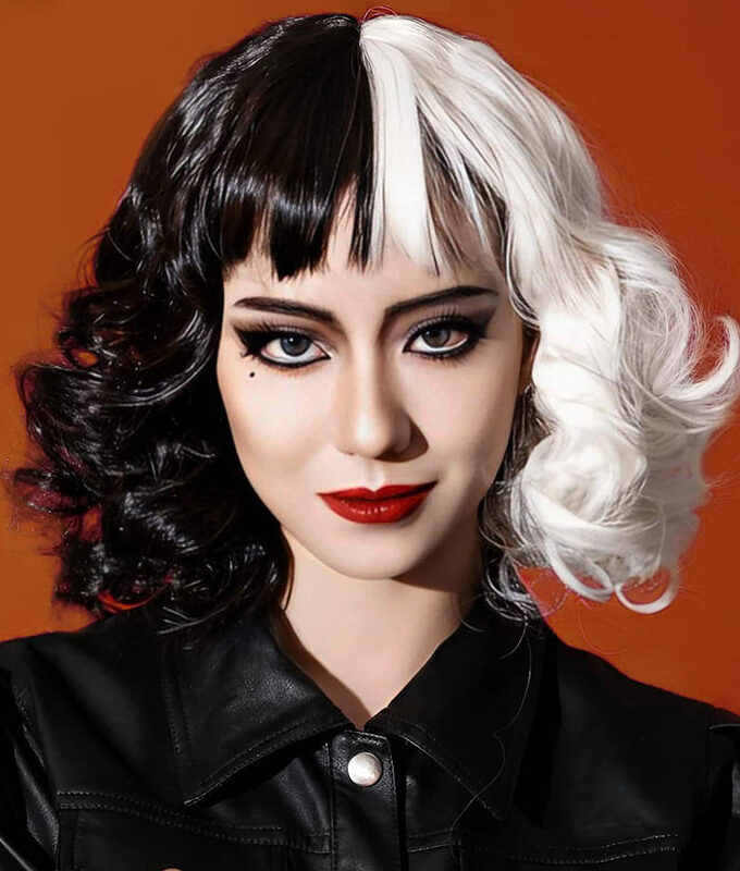 Halloween Costume Wig Black And White Color Bob Wig With Bangs Loose Wave Hair Wear and Go Wigs
