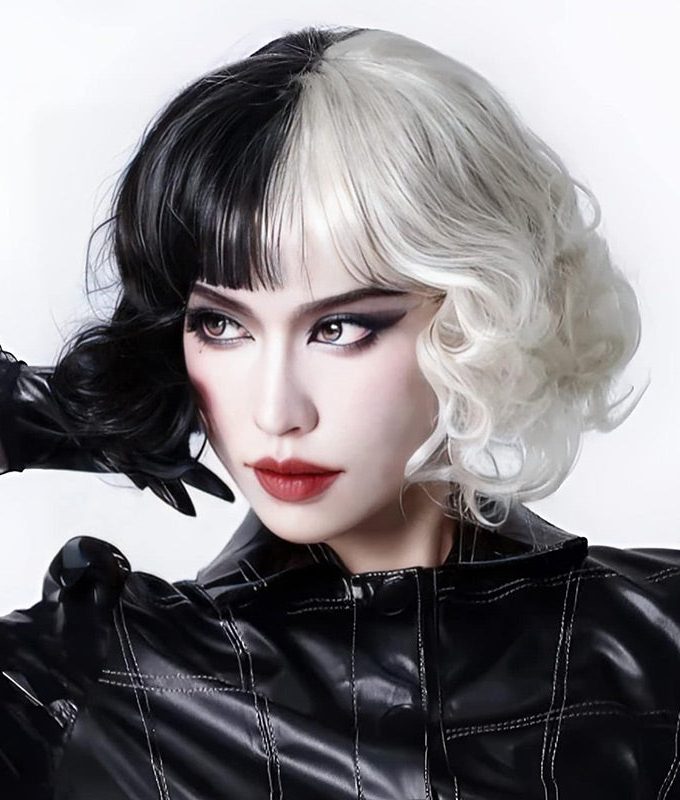 Halloween Costume Wig Black And White Color Bob Wig With Bangs Loose Wave Hair Wear and Go Wigs