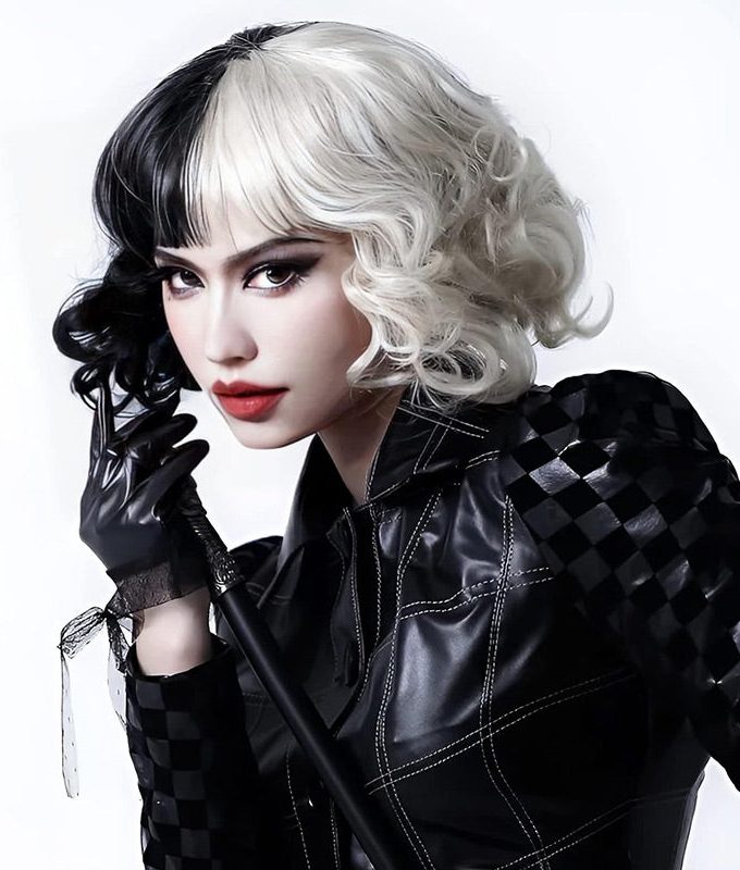 Halloween Costume Wig Black And White Color Bob Wig With Bangs Loose Wave Hair Wear and Go Wigs