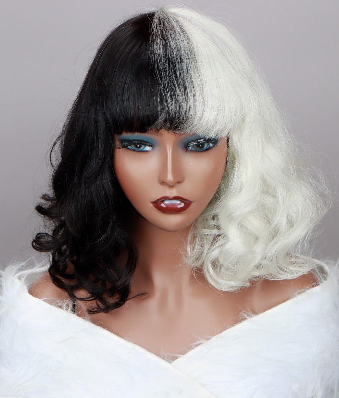 Halloween Costume Wig Black And White Color Bob Wig With Bangs Loose Wave Hair Wear and Go Wigs