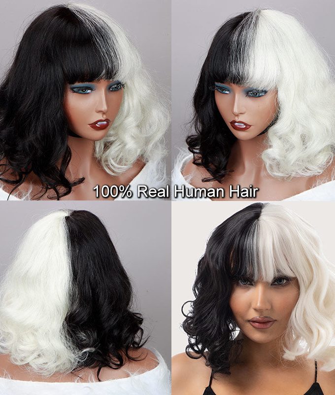 Halloween Costume Wig Black And White Color Bob Wig With Bangs Loose Wave Hair Wear and Go Wigs