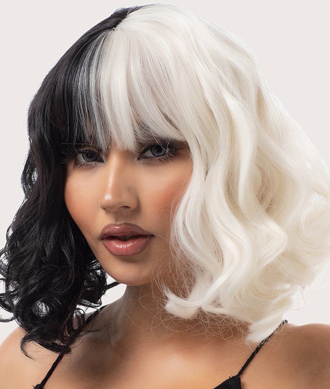 Halloween Costume Wig Black And White Color Bob Wig With Bangs Loose Wave Hair Wear and Go Wigs