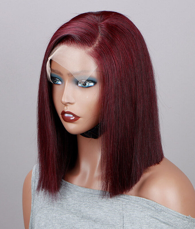 Dark Burgundy Blunt Cut Bob Silky Straight Human Hair 5x5 HD Lace Closure Wigs 99J Color Side Part