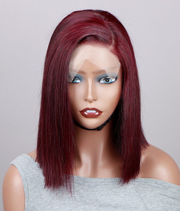 Dark Burgundy Blunt Cut Bob Silky Straight Human Hair 5x5 HD Lace Closure Wigs 99J Color Side Part
