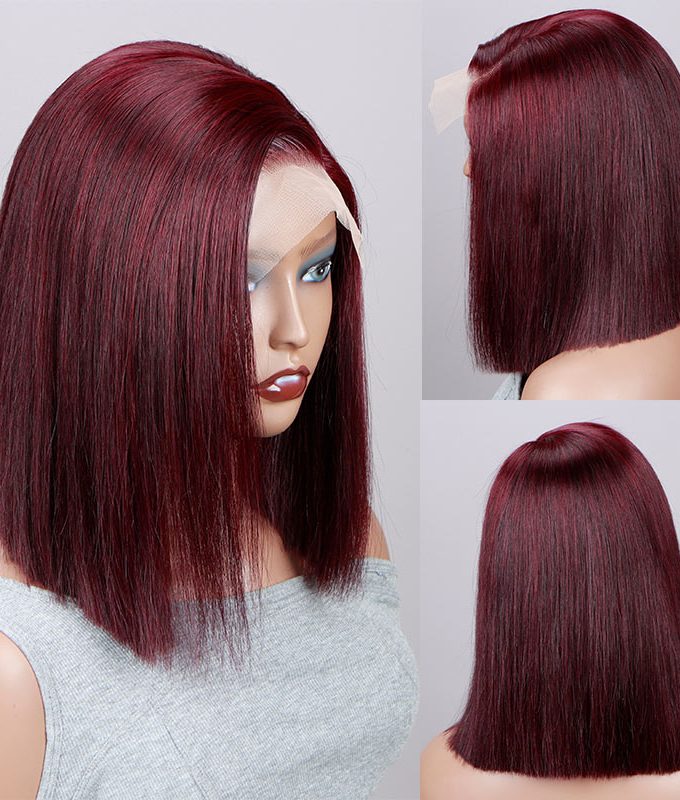 Dark Burgundy Blunt Cut Bob Silky Straight Human Hair 5x5 HD Lace Closure Wigs 99J Color Side Part