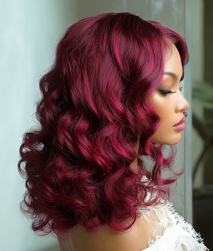 Dark Burgundy Highlights Long Loose Body Wave Human Hair 6x4 Pre Cut HD Lace Glueless Wigs