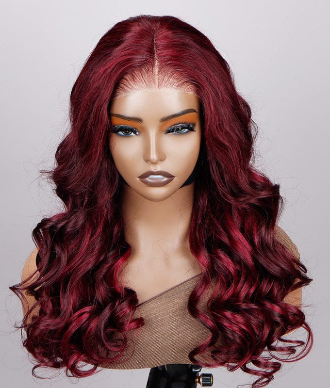 Dark Burgundy Highlights Long Loose Body Wave Human Hair 6x4 Pre Cut HD Lace Glueless Wigs