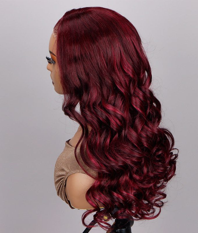 Dark Burgundy Highlights Long Loose Body Wave Human Hair 6x4 Pre Cut HD Lace Glueless Wigs