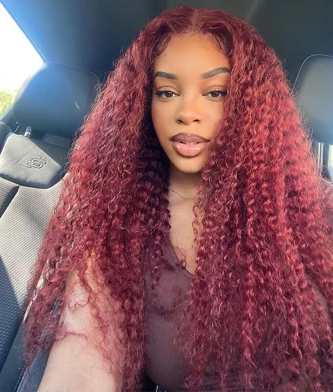 99J Dark Burgundy Jerry Curly Wig Long Human Hair 5x5 HD Lace Middle Part Wigs