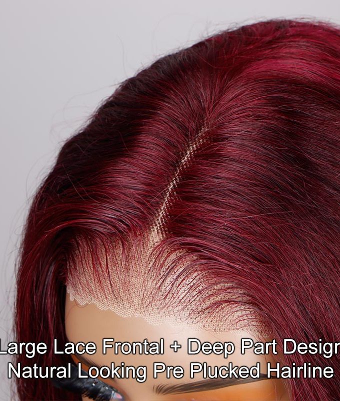 Dark Burgundy Highlights Long Loose Body Wave Human Hair 6x4 Pre Cut HD Lace Glueless Wigs