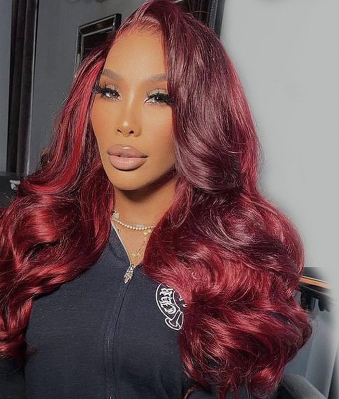Dark Burgundy Highlights Long Loose Body Wave Human Hair 6x4 Pre Cut HD Lace Glueless Wigs