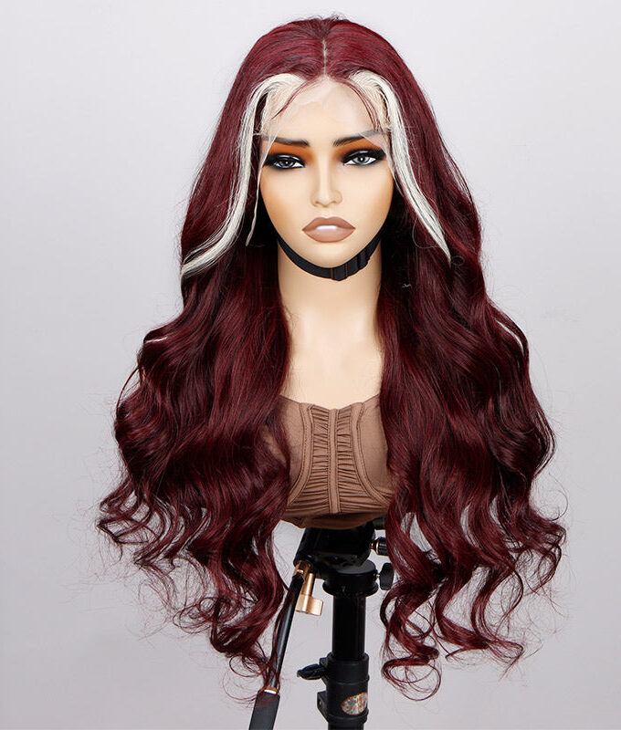 Burgundy With Blonde Skunk Stripe Highlights Wig Body Wave Human Hair 13x4.5 HD Lace Full Frontal Wig With Pre Plucked Hairline
